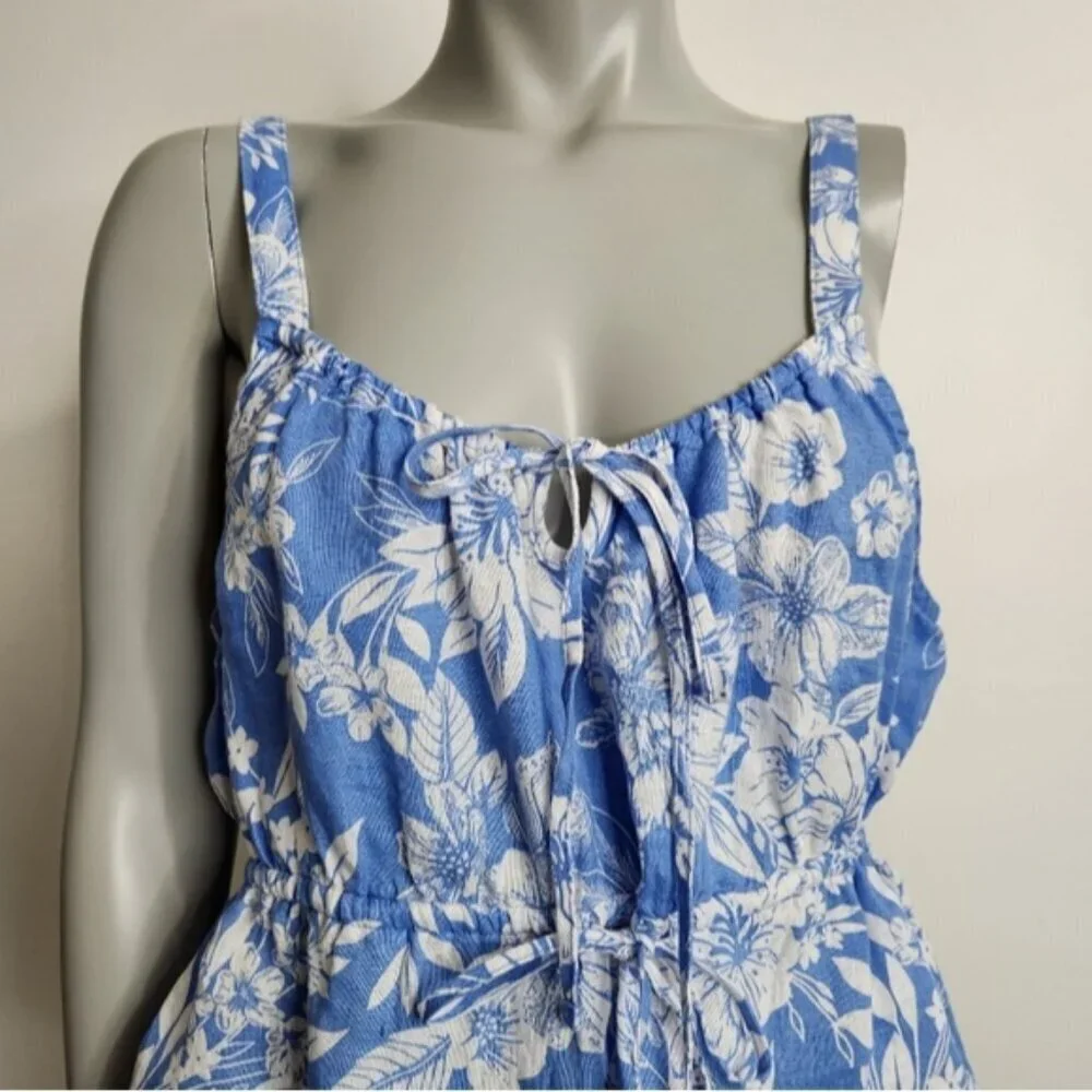 C&C California Flower Print Blue Linen Peplum Waist Tank Top Size XL NWOT - Picture 3 of 12